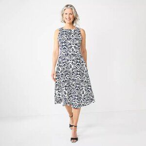 Women's Croft & Barrow Sleeveless Fit & Flare Dress - PL - Navy Folk Floral -NWT